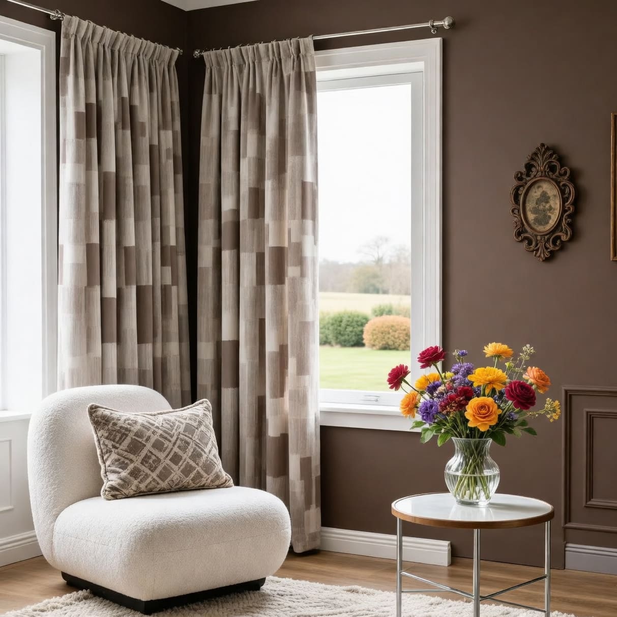 Thickened Elegant Gentleman Plaid Geometric Jacquard Taupe Brown Curtains