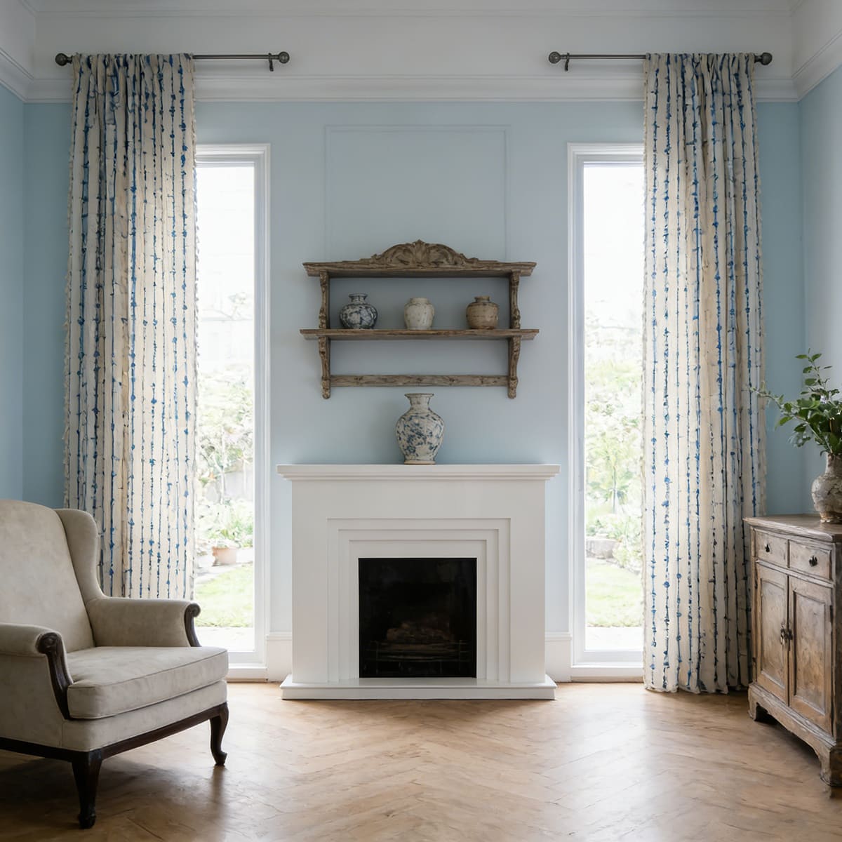 Tranquil Blue Raindrops Stripes Linen Blend Curtains