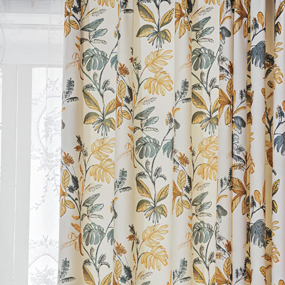 Contemporary Cream Tropical Leaf Print Curtains