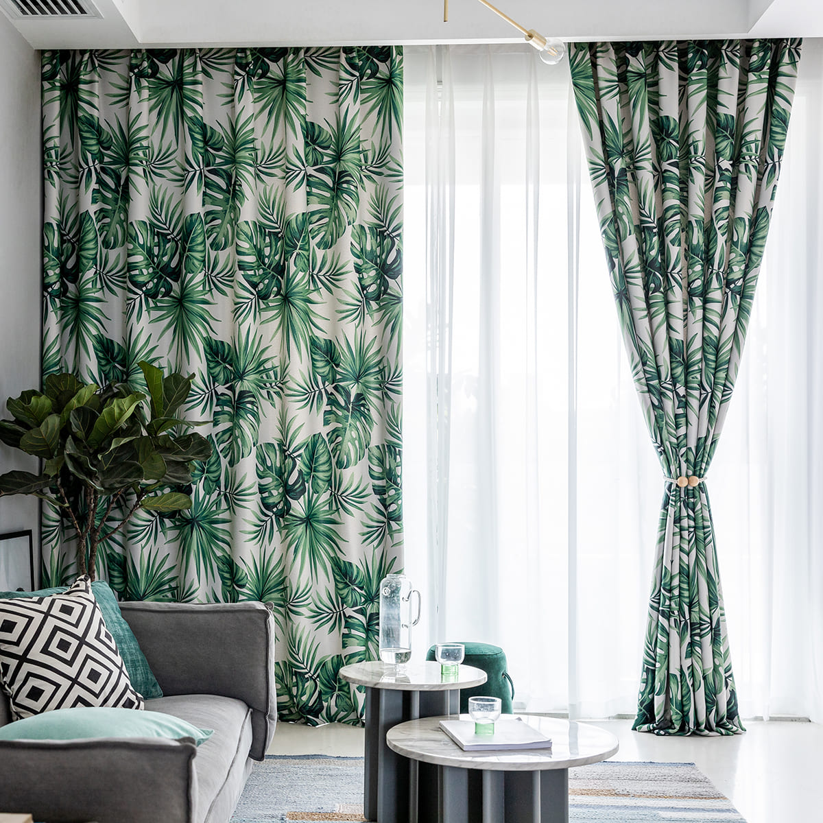 Green Leaf Curtains Blackout Jungle Pattern Drapes for Bedroom 2 Panels