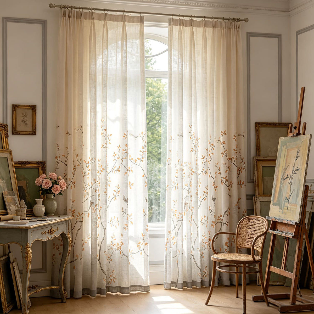 Warm Tone Linen Sheer Autumn Branch & Songbird Privacy Pinch Pleat Sheer Curtain
