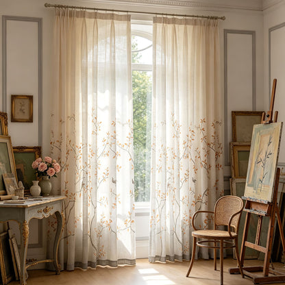 Warm Tone Linen Sheer Autumn Branch & Songbird Privacy Pinch Pleat Sheer Curtain
