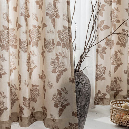 Vintage Brown Natural Linen Hydrangea Print Curtains