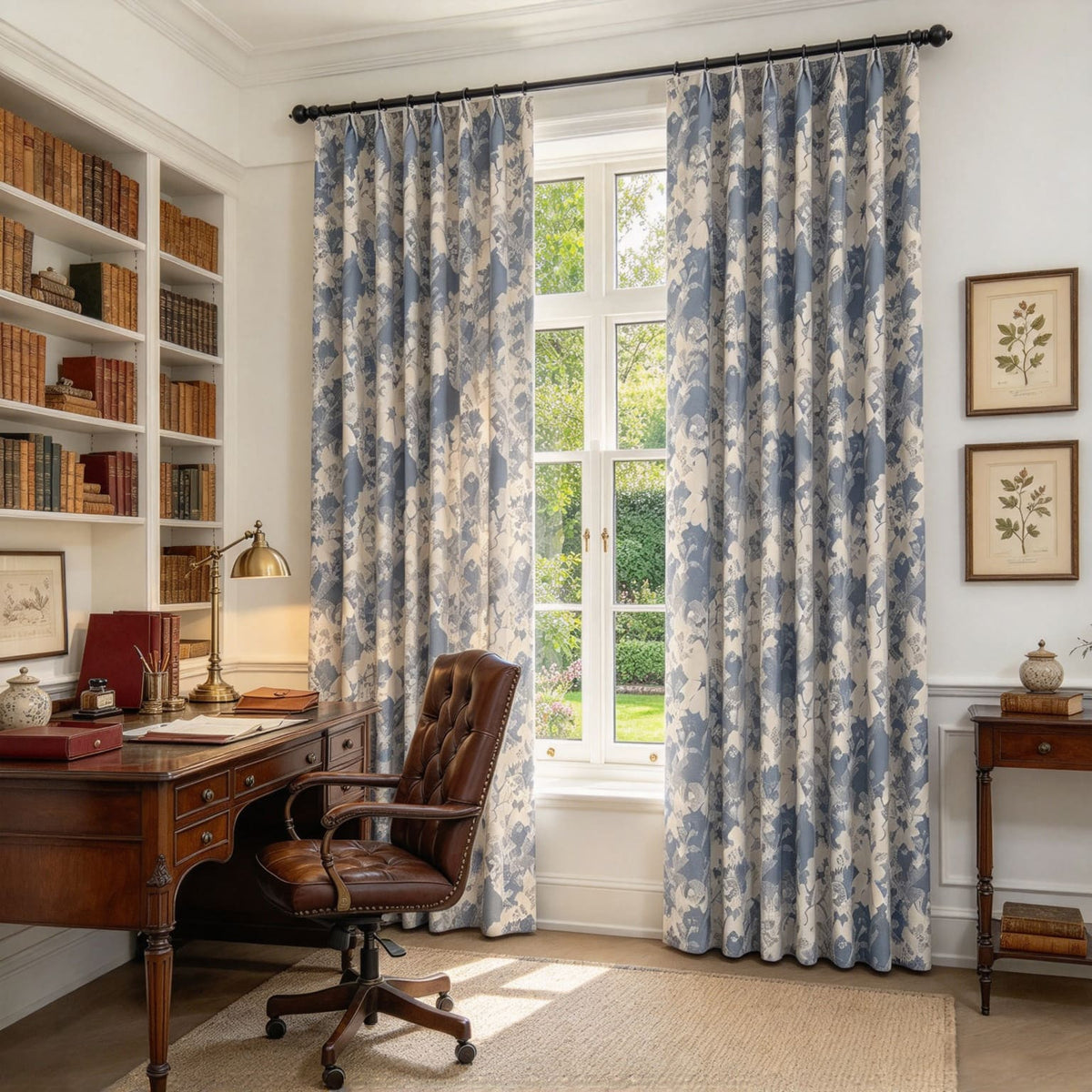 Rideaux à motifs géométriques bleus pour chambre à coucher