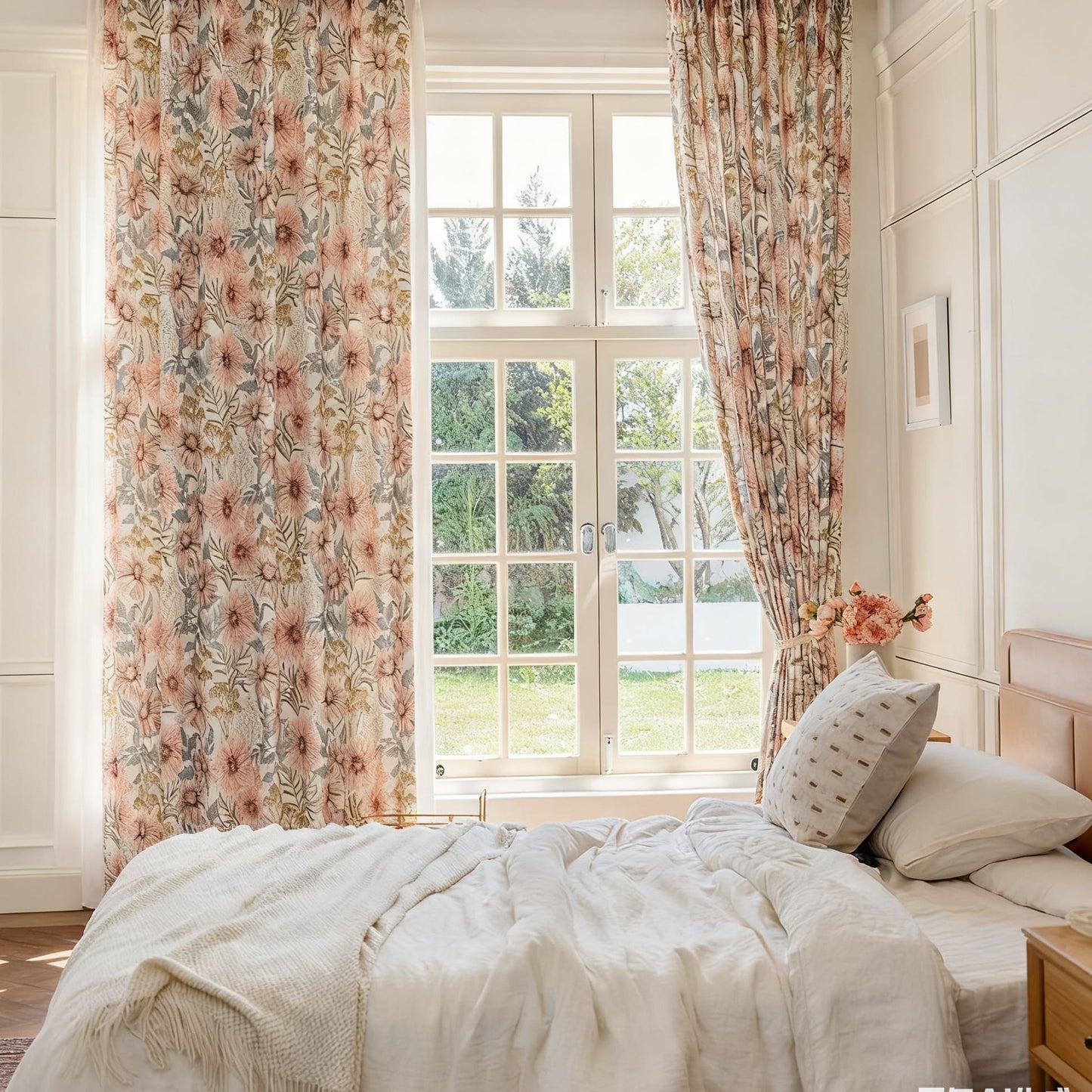 Vintage Country Beige Pink Daisy Floral Curtains