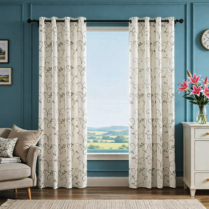 Embroidered Green Vine Curtains Linen Drapes for Livingroom