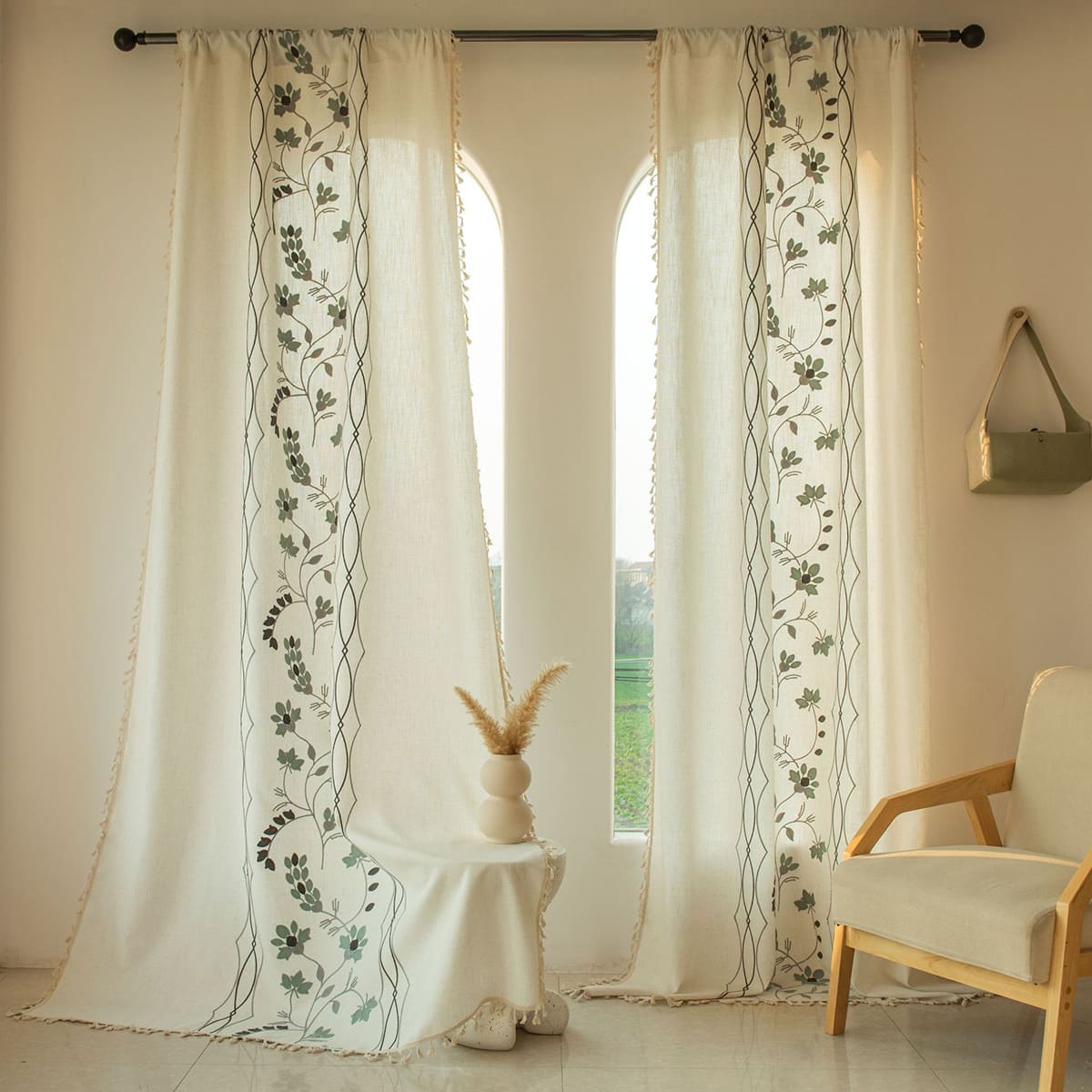 Rustic Vintage Embroidered Floral Linen Curtain with Tassels Custom Length