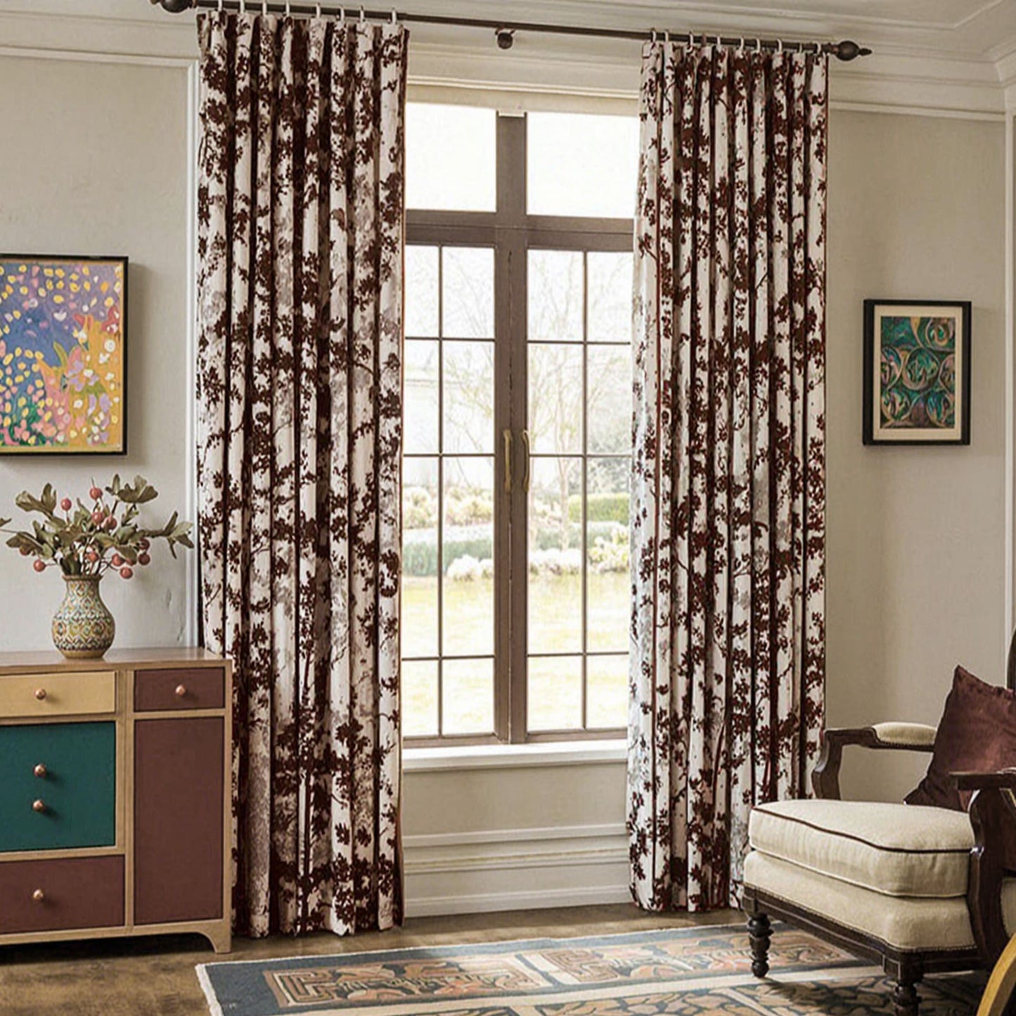 Elegant Neutral Chocolate Brown Forest Silhouette Curtains