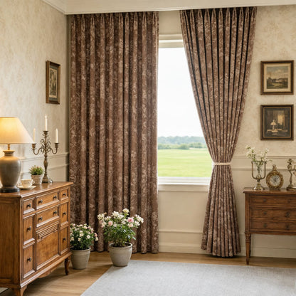 Warm Taupe French Country Antique Floral Curtain Panels