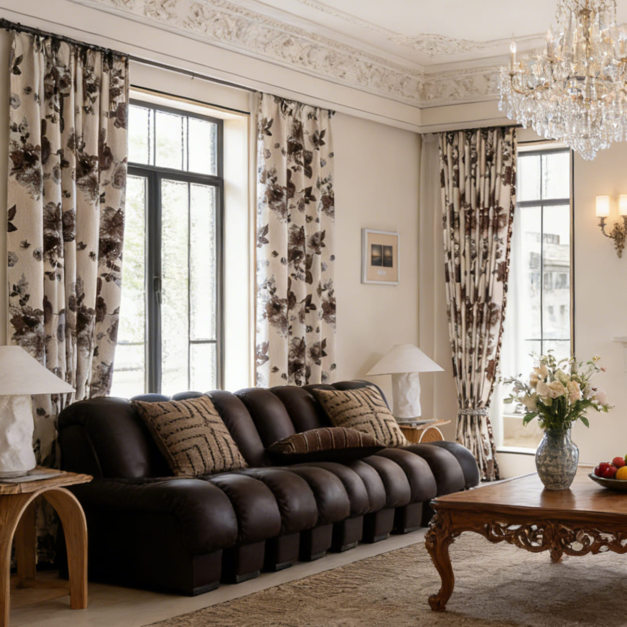 Modern Elegant Ivory Dark Watercolor Floral Chenille Drapes