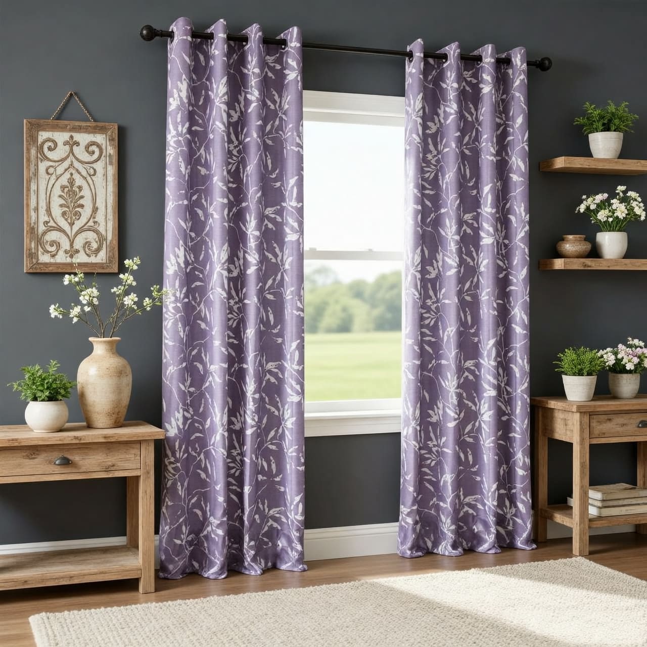 Purple Lavender Dream Delicate White Leafy Branches Curtains