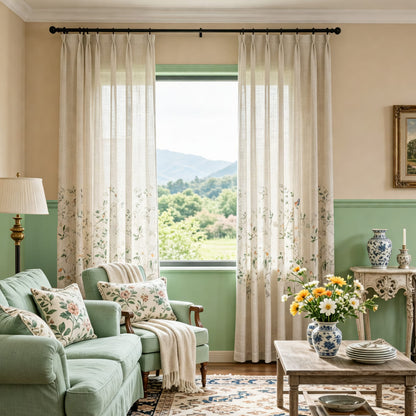 Cream Linen Blend Watercolor White Camellias & Colorful Bird Sheer Curtains