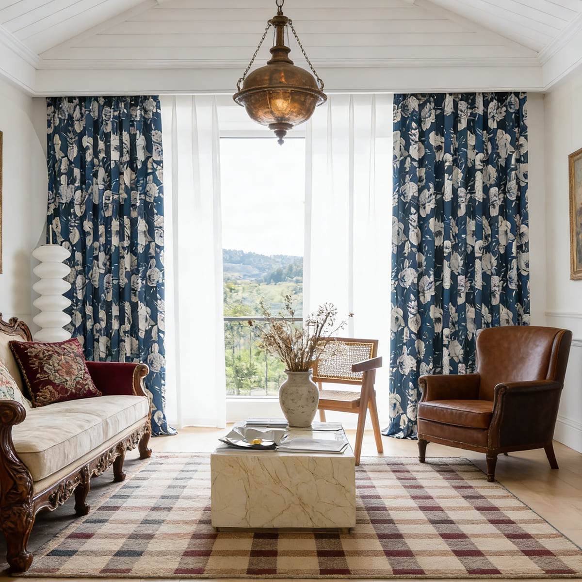 White Peony Navy Blue Curtains Floor-Length Drapes