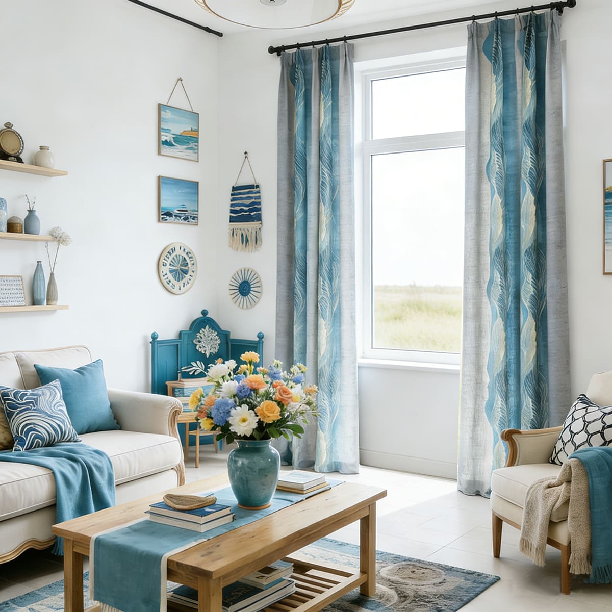 Flowing Dream Curtains Blue Gray Striped Art Painting Drapes