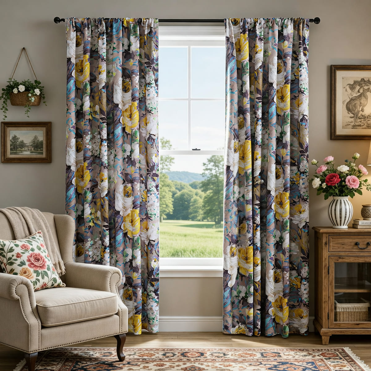 Oil Painting Art Monet Blue and Purple Flowers Garden Curtains 2 Panels Living Room