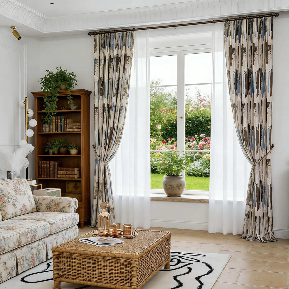 abstract art drapes light blue brown window treatment pinch pleat curtains