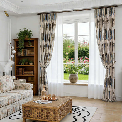 abstract art drapes light blue brown window treatment pinch pleat curtains