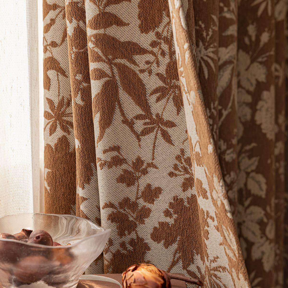 Warm Vintage Earthy Brown Floral Botanical Retro Chenille Curtains