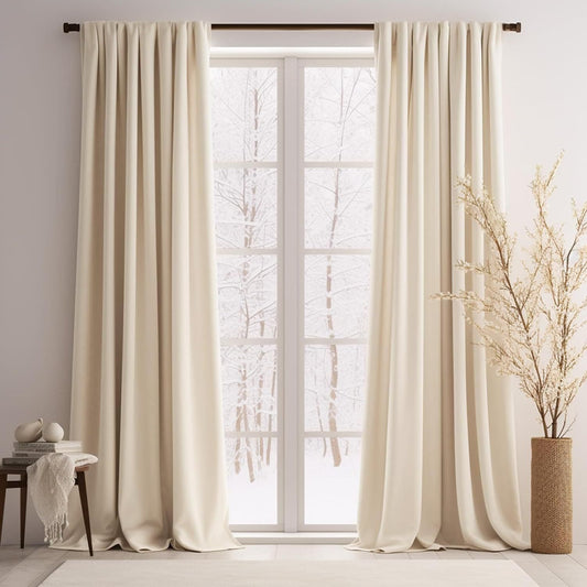 Beige Cream Velvet Pinch Pleat Curtains and Drapes for Living Room/Bedroom