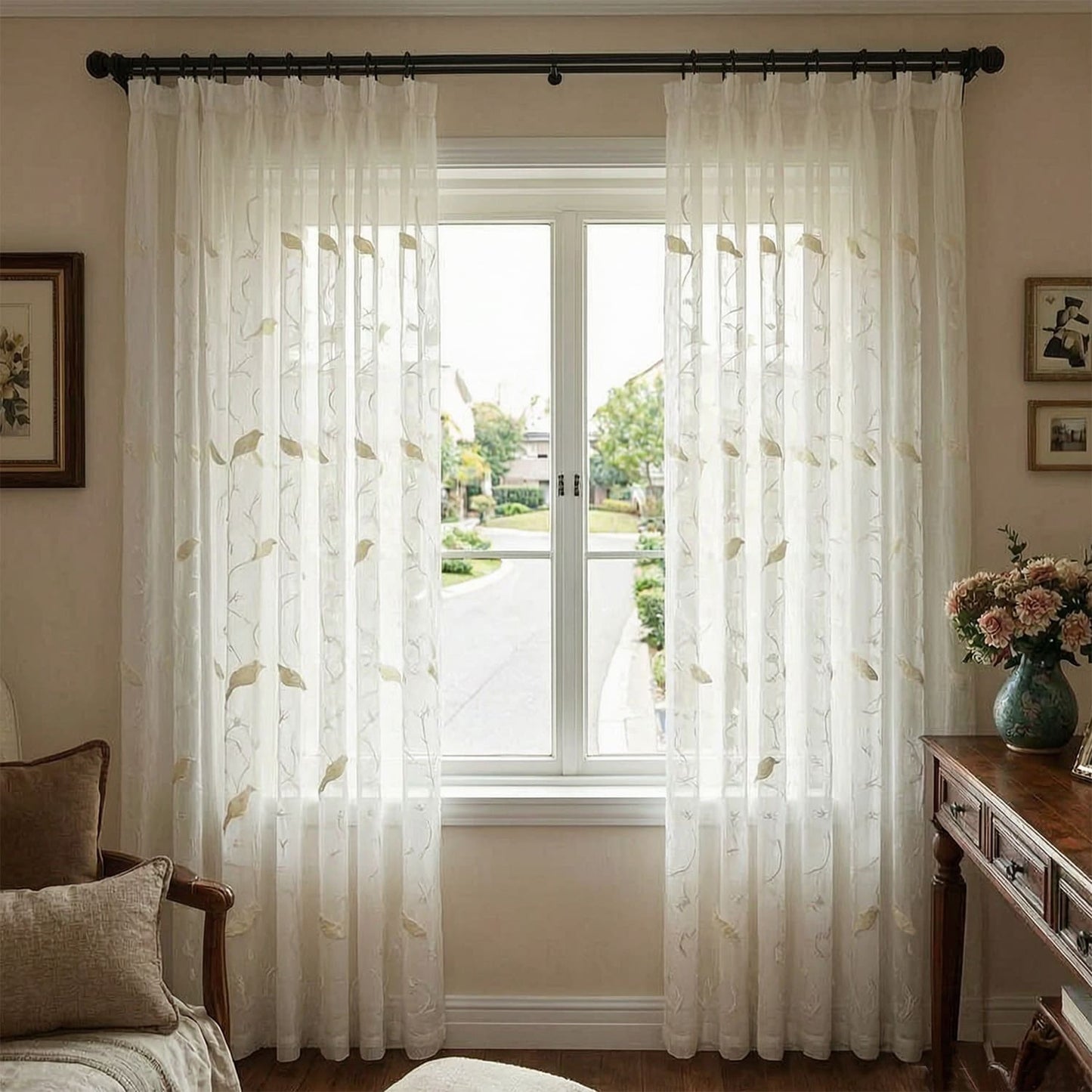 3D Furry Bird Embroidered Pinch Pleat Sheer Curtains White Window Sheers