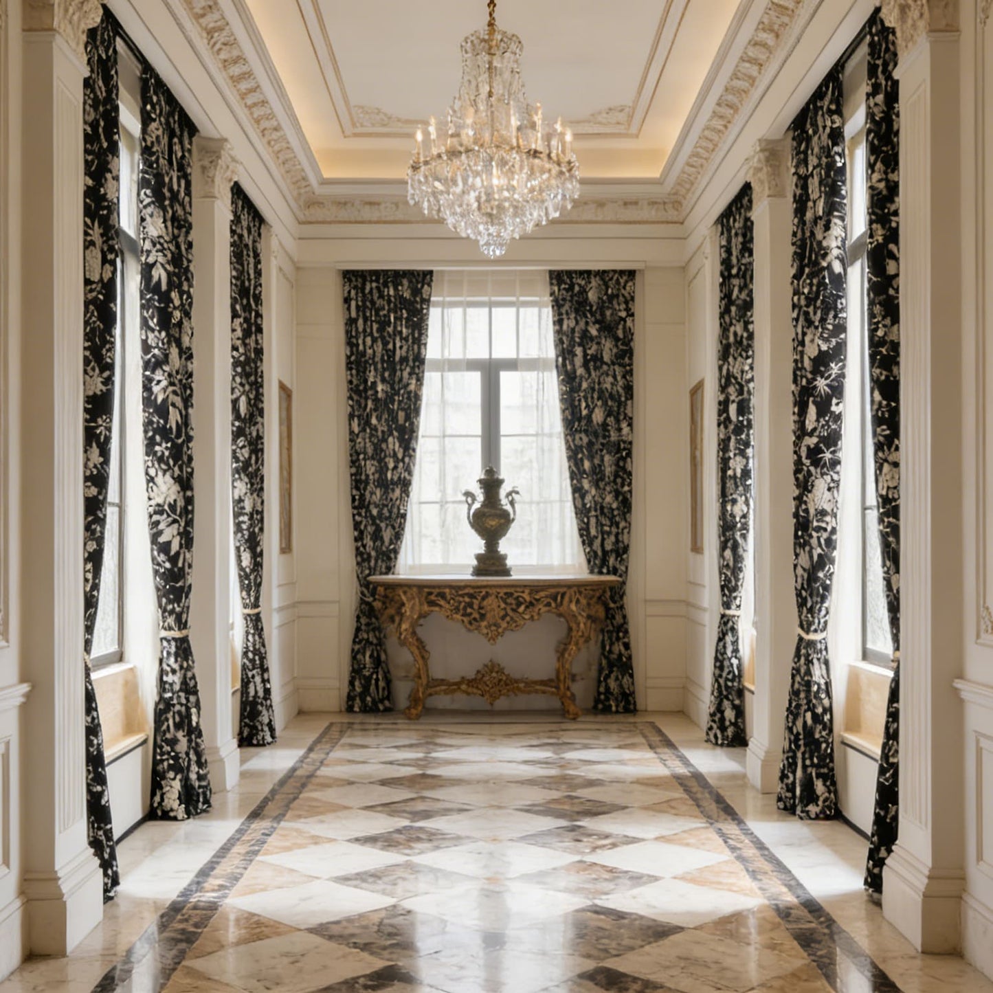 Blackout Retro American Design Chenille Jacquard Black Curtains White Floral