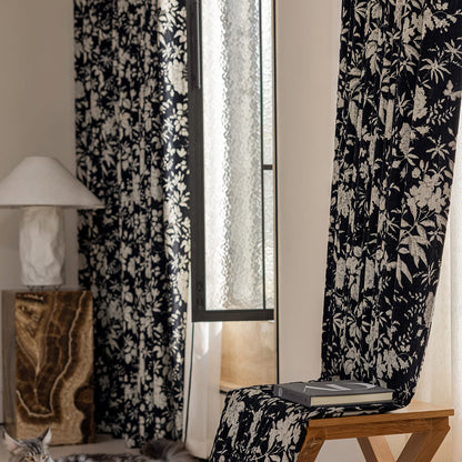 Blackout Retro American Design Chenille Jacquard Black Curtains White Floral