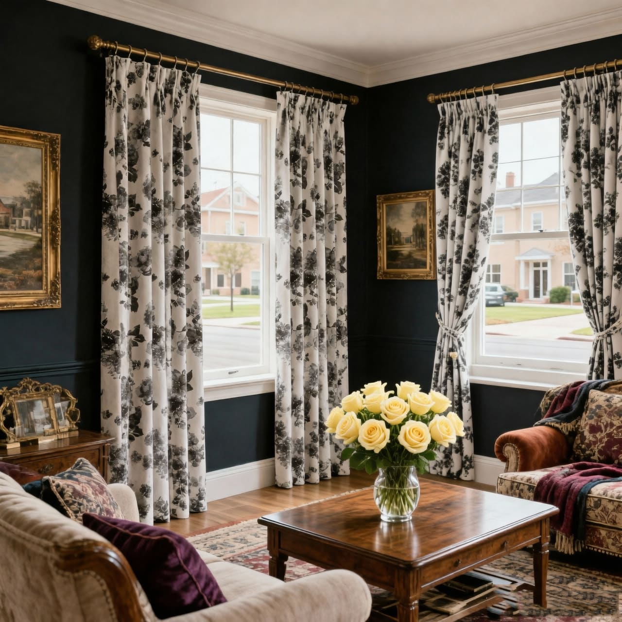 Modern Elegant Ivory Dark Watercolor Floral Chenille Drapes