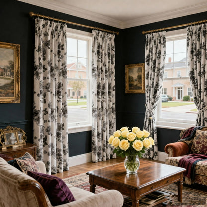 Modern Elegant Ivory Dark Watercolor Floral Chenille Drapes