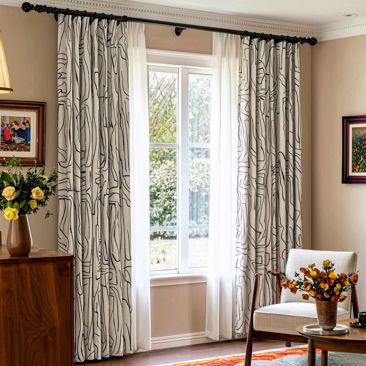 Minimalist Black & White Abstract Line Art Curtains