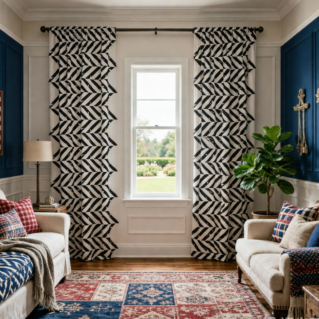 Bold Black White Geometric Zigzag  Curtain - Tasseled Artistic Window Drape for Accent Walls
