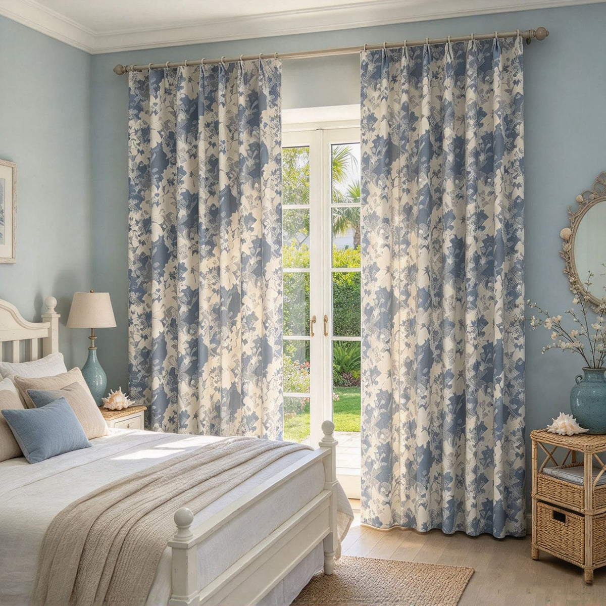 Rideaux à motifs géométriques bleus pour chambre à coucher