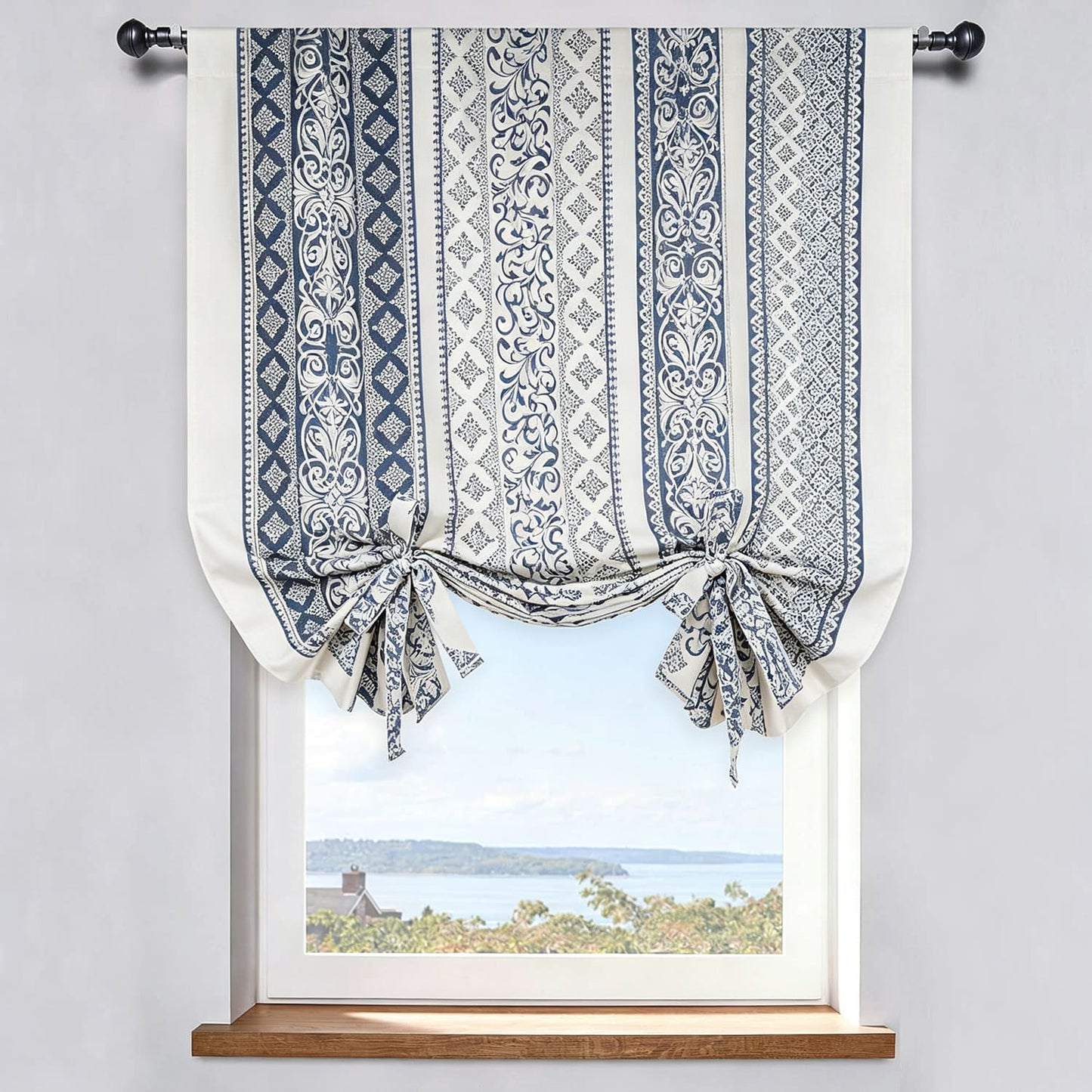 Geometric Navy Blue Printed Cotton Linen Balloon Shade Curtains