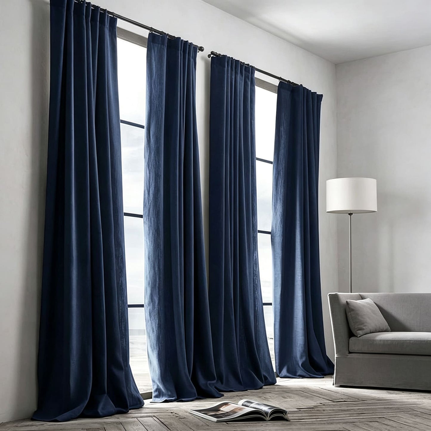 Navy Blue Natural Plain Linen Curtains and Drapes 2 Panels