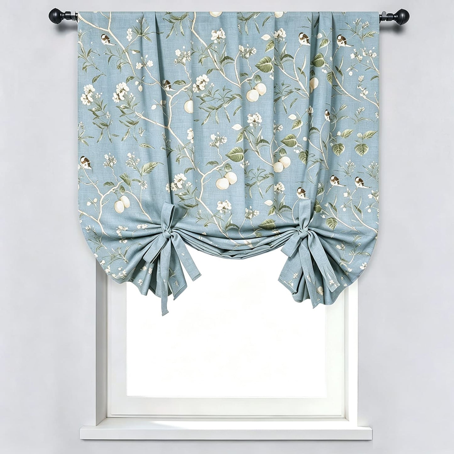 Classic Retro Blue Balloon Shade Curtains Birds Peach Country Drapes