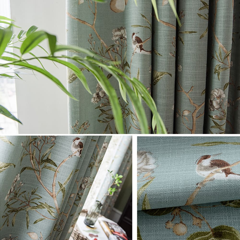 Classic Retro Blue Curtains Birds Peach Country Drapes