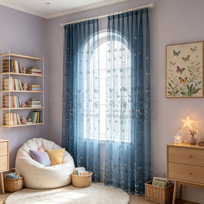 Ethereal Dreamy Shimmering Blue Butterfly Embroidery Whimsical Sheer Curtains