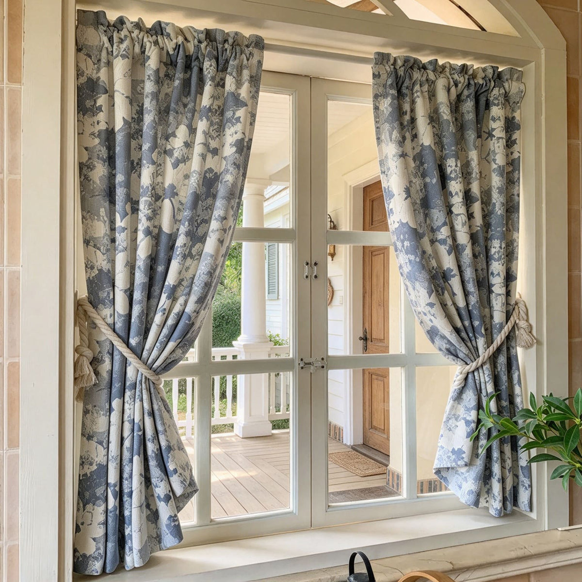 Rideaux à motifs géométriques bleus pour chambre à coucher