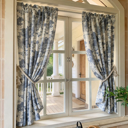 Rideaux à motifs géométriques bleus pour chambre à coucher