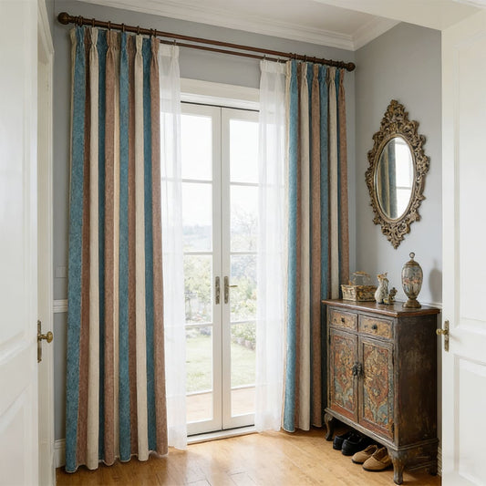 Sophisticated Stripes Teal/Beige/Brown Chenille Pinch Pleat Curtains for Modern Elegance