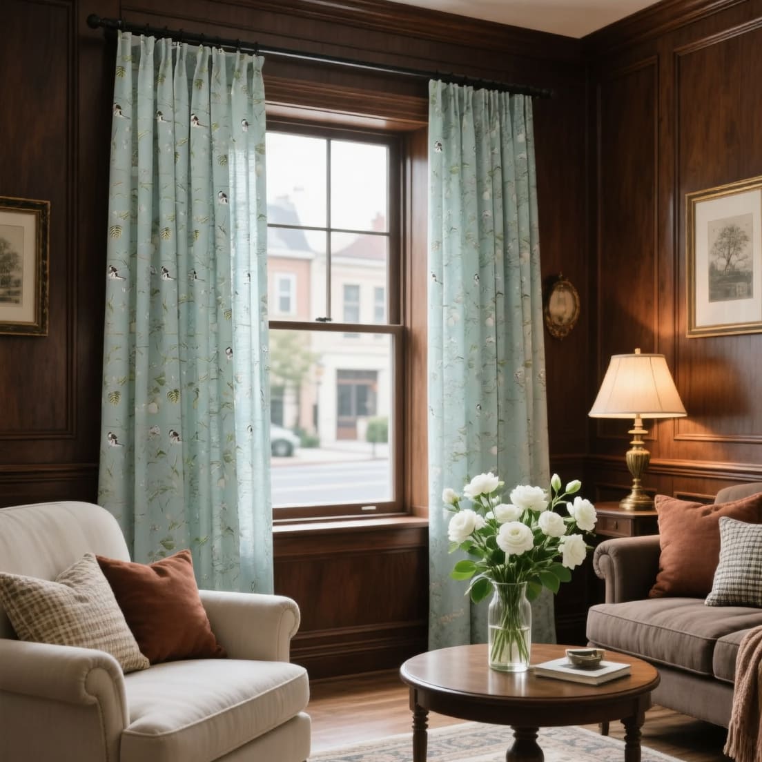 Nature-Inspired Blue Cottage White Blossom & Swallow Curtains
