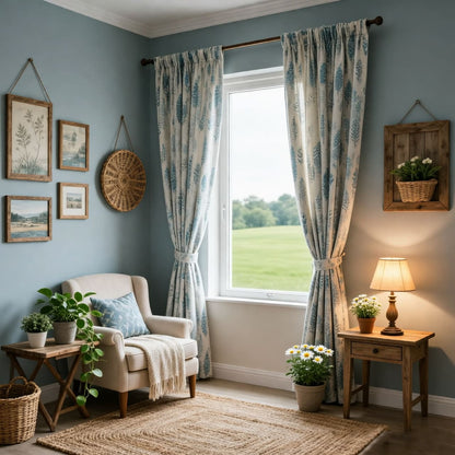 Blue Feathers Pattern Pinch Pleat Curtains Morden Fashion Misty Gray Drapes