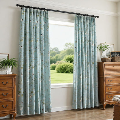 Nature-Inspired Blue Cottage White Blossom & Swallow Curtains