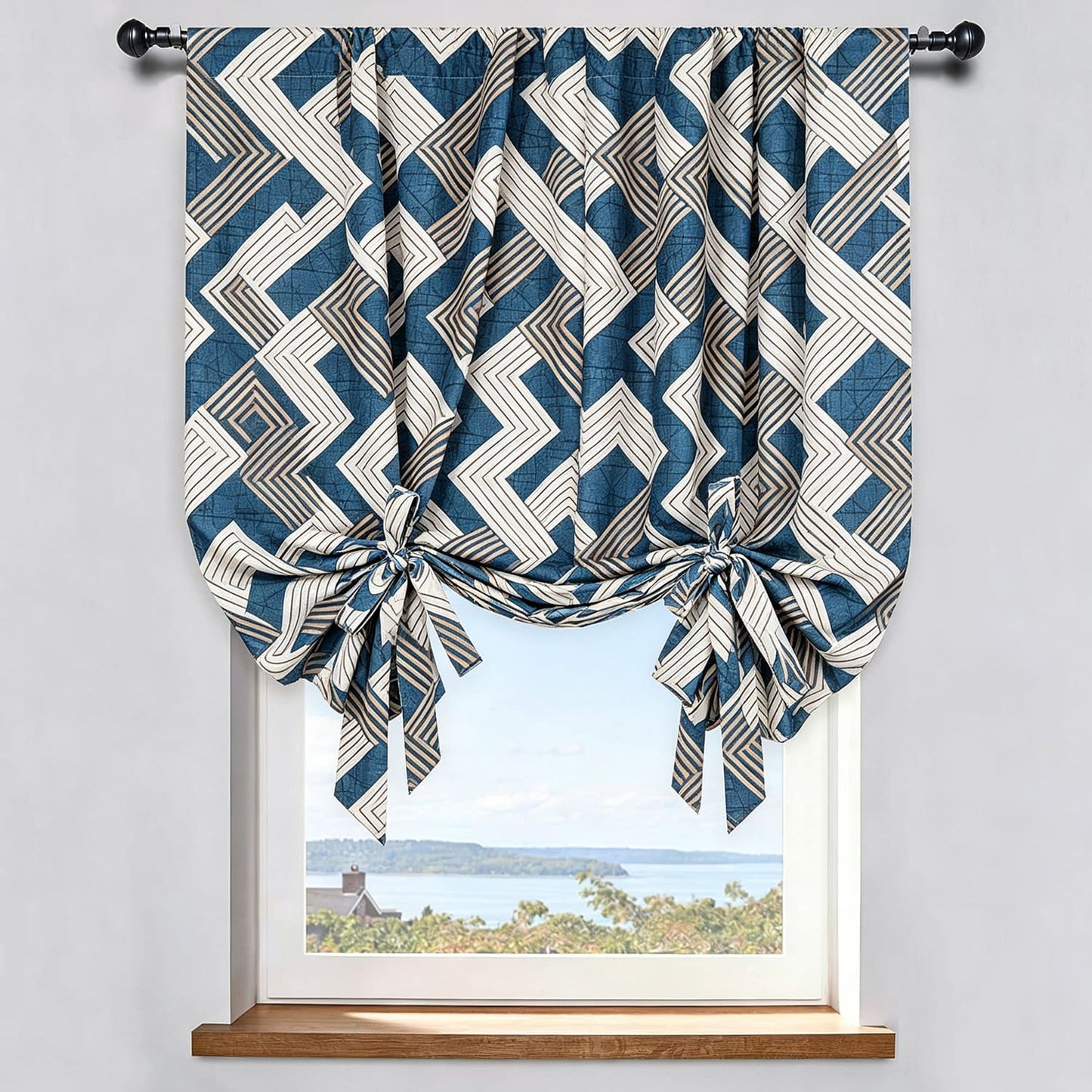 Preppy Coastal Navy White Geometric Chevron Balloon Shade Curtains