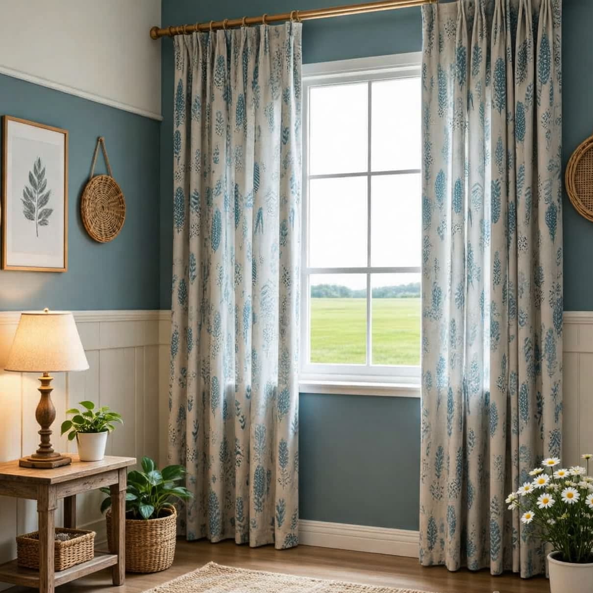 Blue Feathers Pattern Pinch Pleat Curtains Morden Fashion Misty Gray Drapes