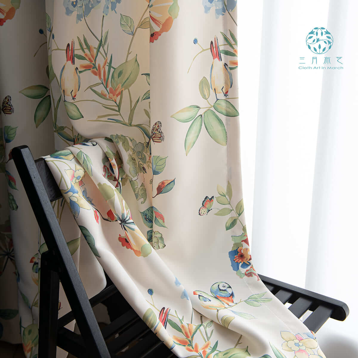 Blue green botanical kitchen curtains bird drapes for sliding glass door