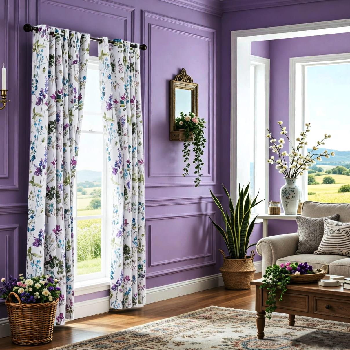 Rideaux à feuilles bleu/violet/vert, rideaux occultants au romarin et au thym