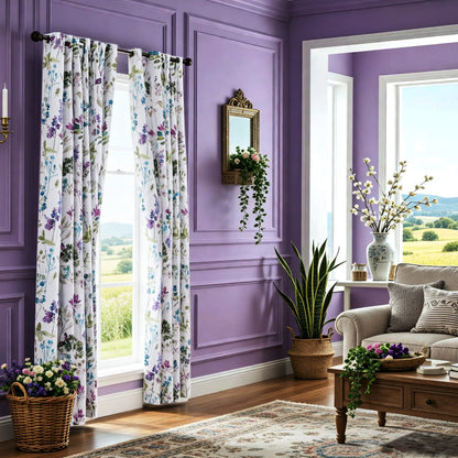 Rideaux à feuilles bleu/violet/vert, rideaux occultants au romarin et au thym