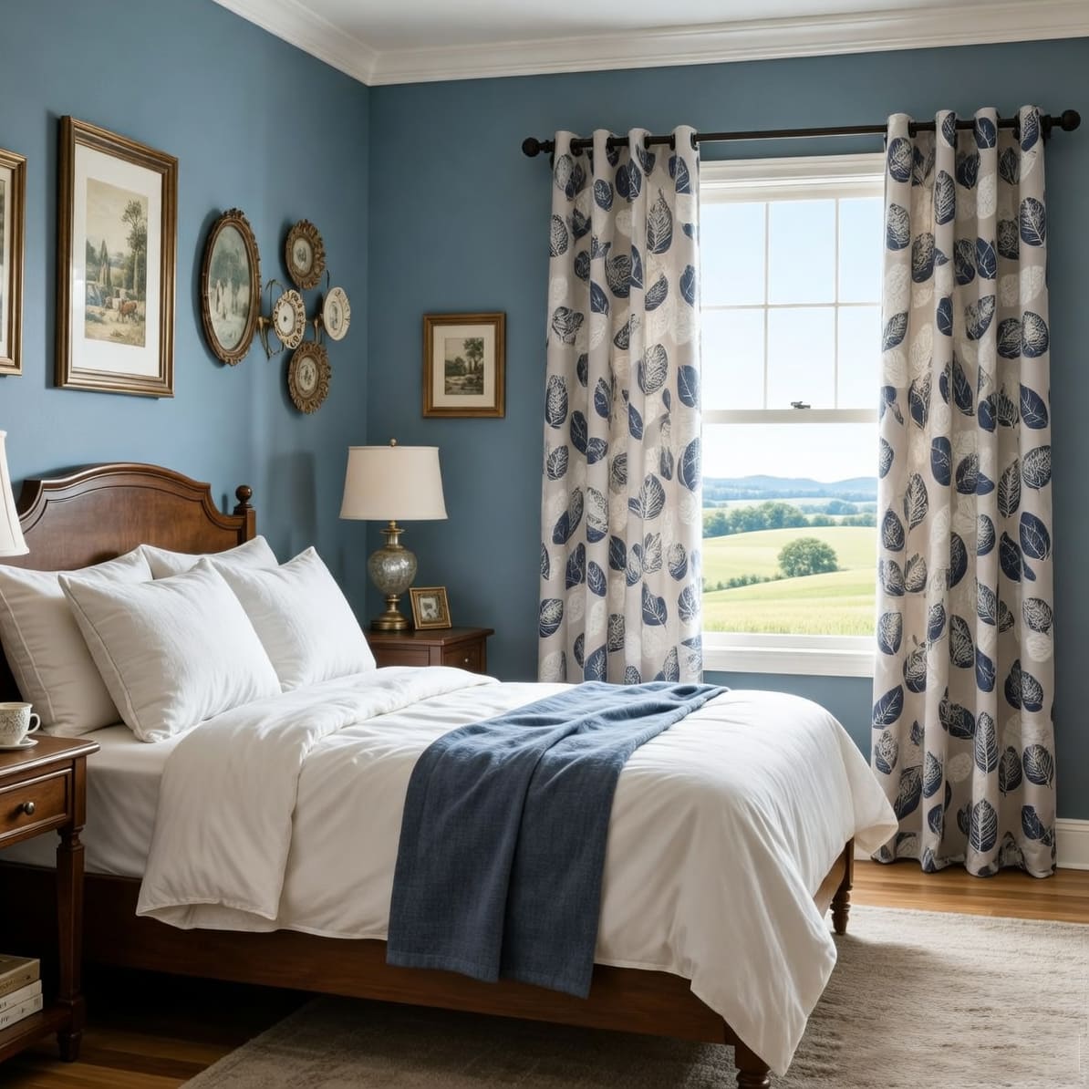 Navy Blue White Leaf Pattern Drapes Blackout Curtains for Sale