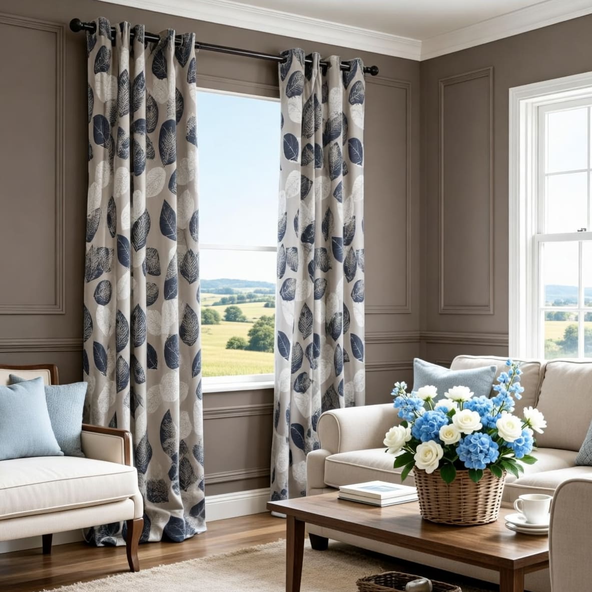 Navy Blue White Leaf Pattern Drapes Blackout Curtains for Sale