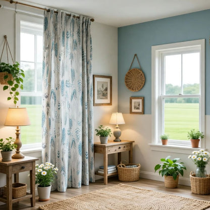 Blue Feathers Pattern Pinch Pleat Curtains Morden Fashion Misty Gray Drapes